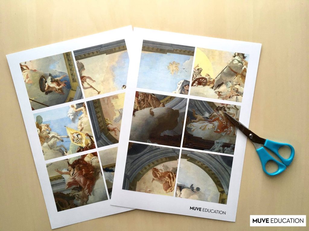 Due fogli con opere d'arte e un paio di forbici